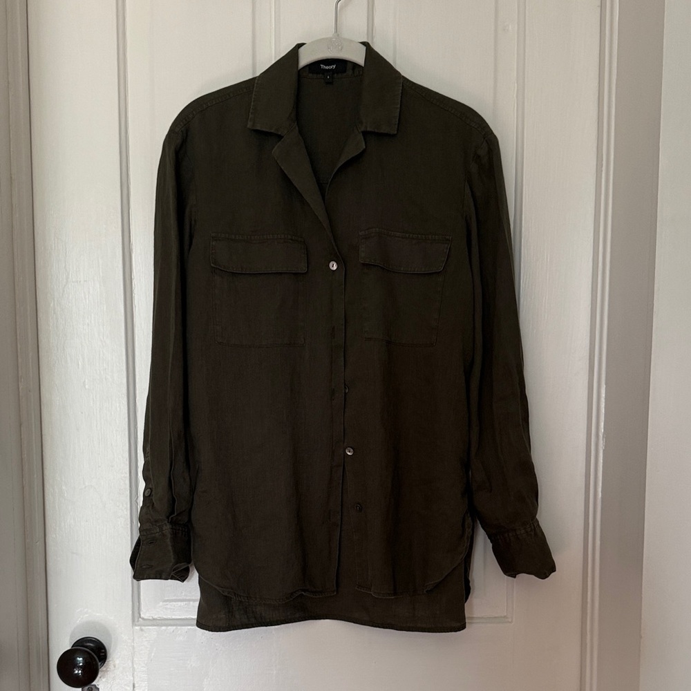 Theory Olive Green Linen Button up
